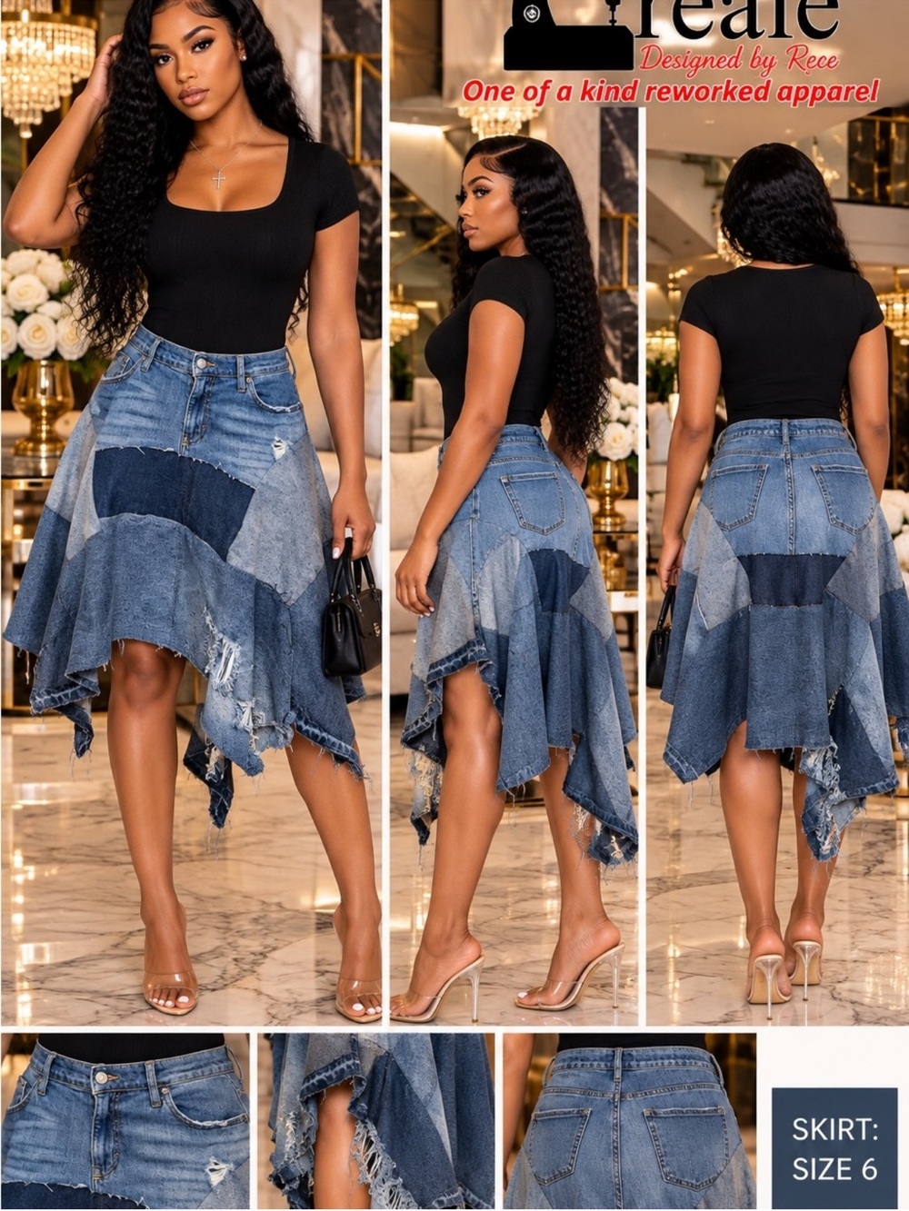 Custom Patchwork Asymmetric Denim Skirt - Blue